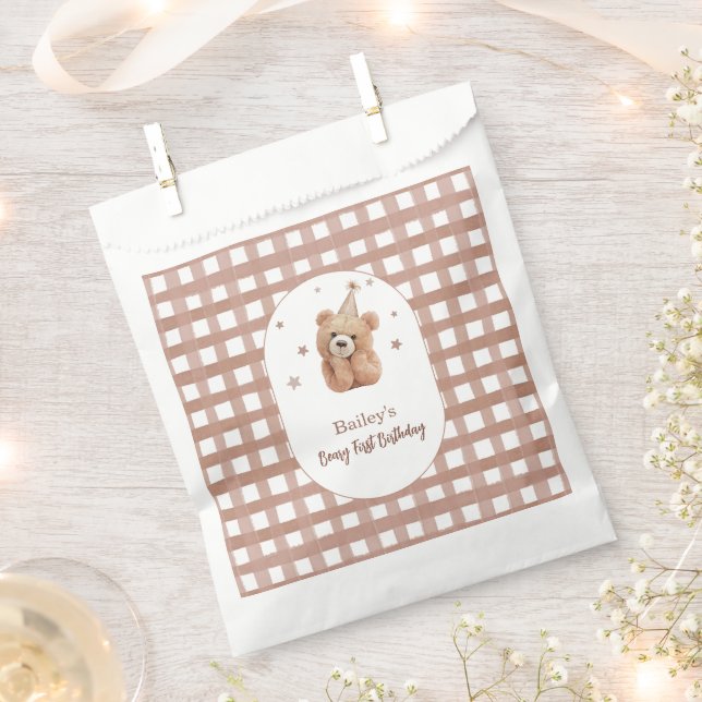 Beary First Birthday Gingham Favour Bag (Clipped)