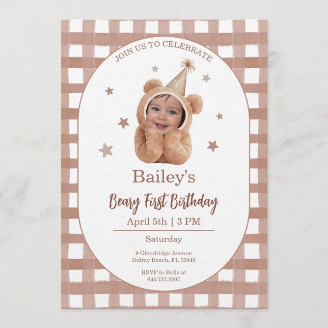 Beary First Birthday Gingham Photo Invitation (Front)