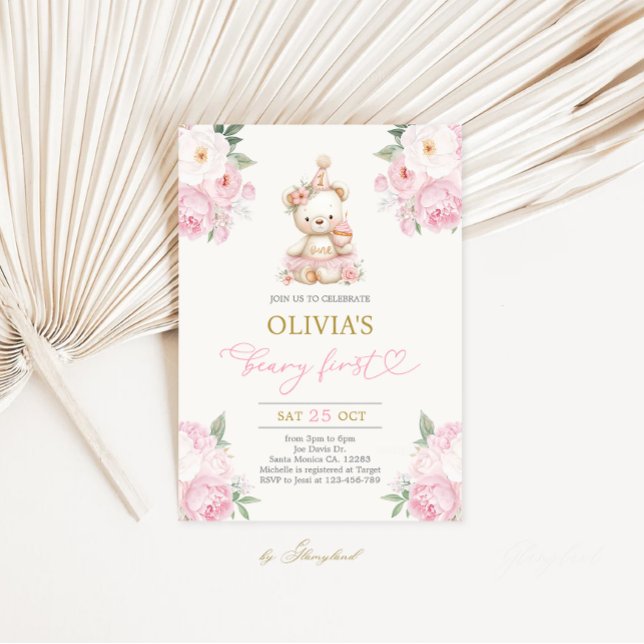 Beary First Birthday Girl Invitation (Creator Uploaded)