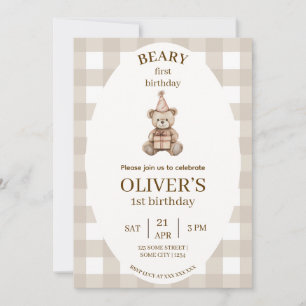 Beary First Birthday Invitation Gingham Editable