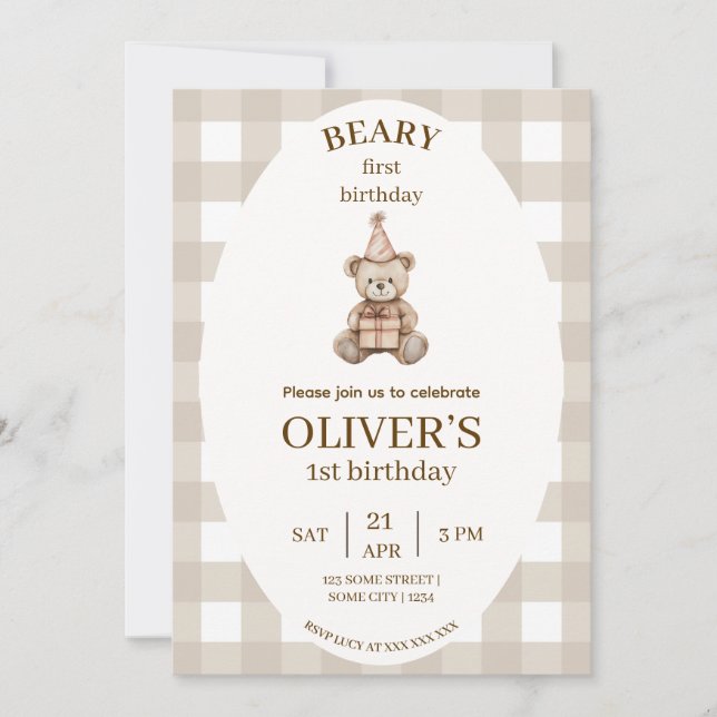 Beary First Birthday Invitation Gingham Editable (Front)