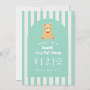 Beary First Birthday Invitation Teal