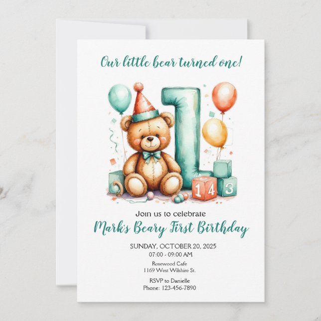 Beary First Birthday Invite, Cute Bear 1st invite (Front)