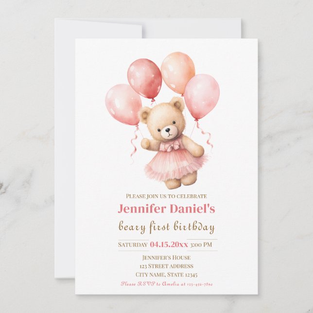 Beary First Birthday Invite with Pink Balloons (Front)