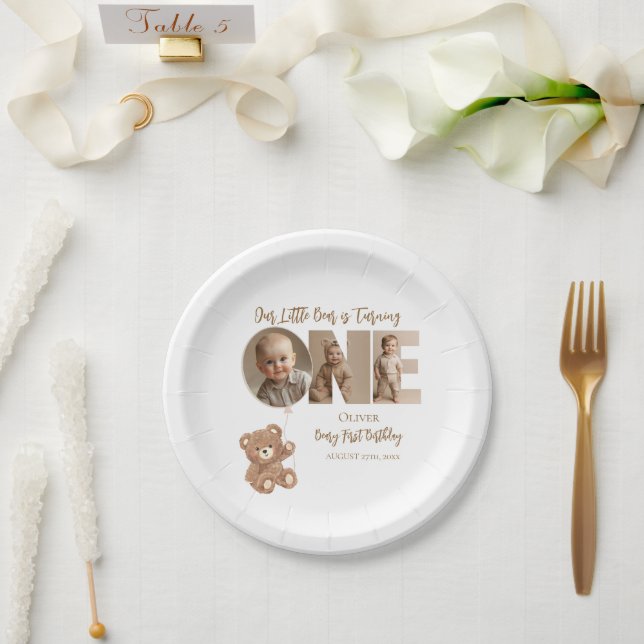 Beary First Birthday Little Bear Photo Paper Plate (Wedding)