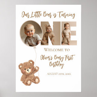 Beary First Birthday Little Bear Photo Welcome Poster