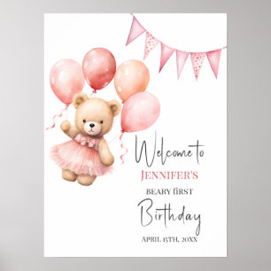 Beary First Birthday Poster Pink Balloon