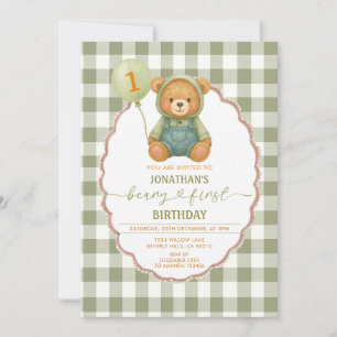 Beary First Birthday Pumpkin Sage Green Gingham Invitation