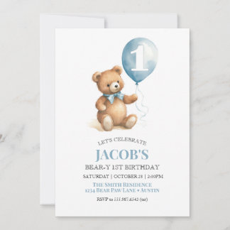 Beary First Birthday Teddy Bear Boy Invitation