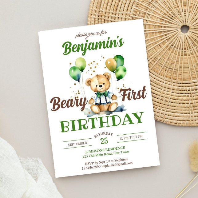 Beary first birthday teddy bear party green brown invitation (Beary first teddy bear birthday party template invitation digital download cute teddy with bow tie)