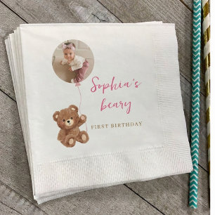 Beary First Birthday Teddy Bear Photo Party Napkin