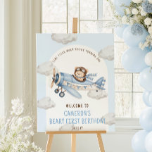 Beary First Birthday Teddy Bear Plane Welcome Sign
