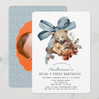 Beary First Blue Bow Boy 1st Birthday Photo Invitation
