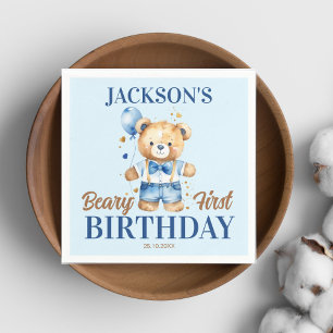 Beary first boys birthday cute teddy blue balloon napkin