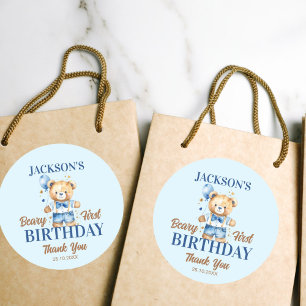 Beary first boys birthday cute teddy favour classic round sticker