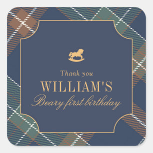 Beary First Navy Plaid Square Square Sticker