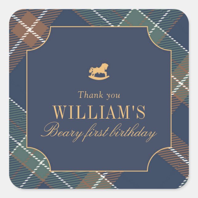 Beary First Navy Plaid Square  Sticker (Front)
