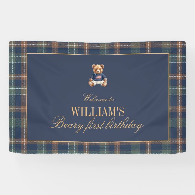 Beary First Navy Plaid Teddy Bear Birthday Banner  (Horizontal)