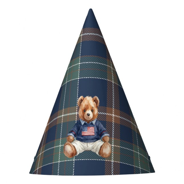 Beary First Navy Plaid Teddy Bear Birthday Party H Hat (Front)