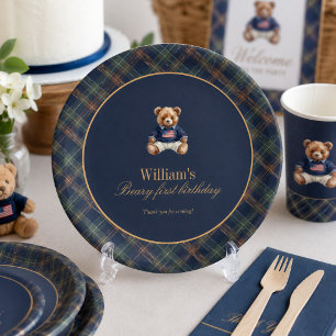 Beary First Navy Plaid Teddy Bear Boy Birthday Paper Plate