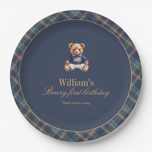 Beary First Navy Plaid Teddy Bear Boy Birthday  Paper Plate (Front)