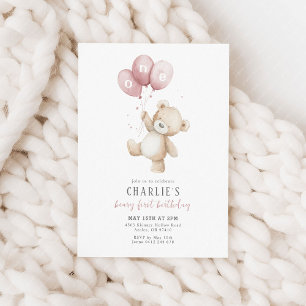 Beary First Pink Balloon Boy 1st Birthday Teddy Invitation