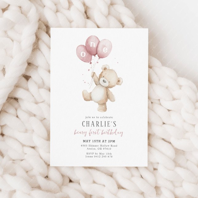 Beary First Pink Balloon Boy 1st Birthday Teddy Invitation (Beary first birthday! Pink balloon and teddy bear 1st birthday party invitation)