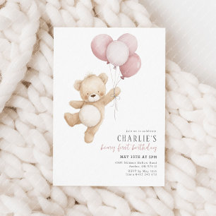Beary First Pink Balloon Girls 1st Birthday Teddy Invitation