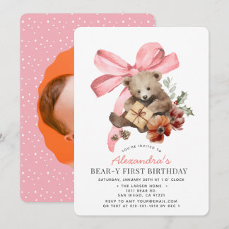 Beary First Pink Bow Girl 1st Birthday Photo Invitation