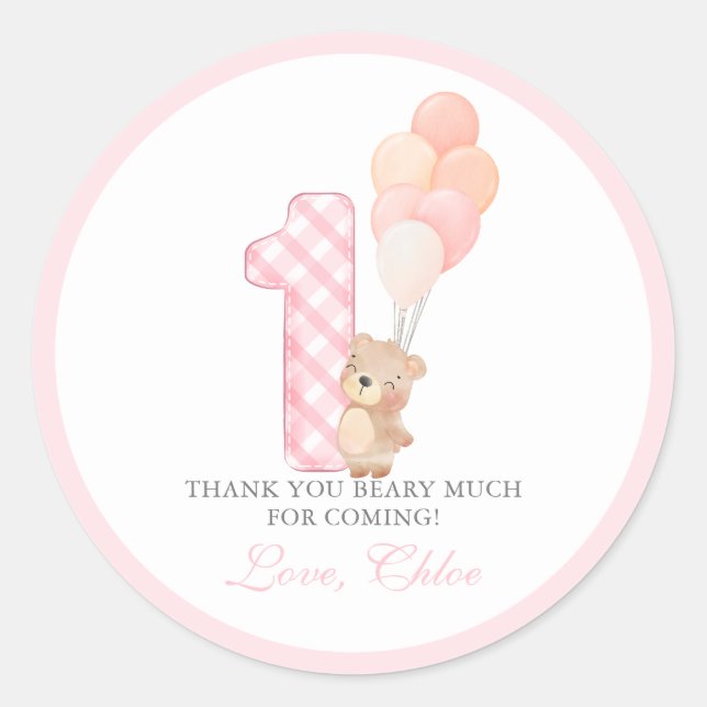 Beary First Teddy Bear Girl Birthday Party Classic Round Sticker (Front)