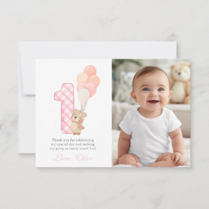 Beary First Teddy Bear Girl Birthday Party guest Thank You Card