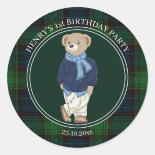 Beary first teddy bear green plaid birthday favor classic round sticker
