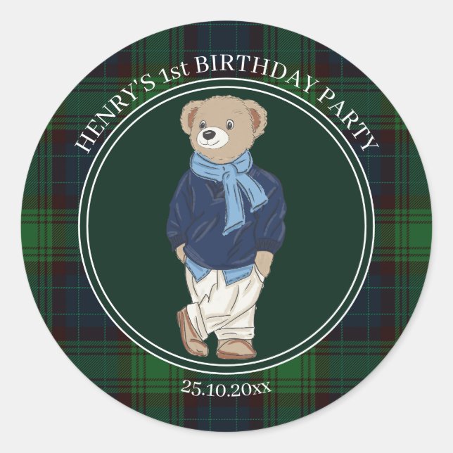 Beary first teddy bear green plaid birthday favor classic round sticker (Front)