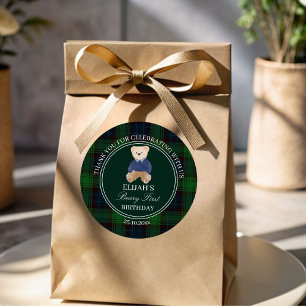 Beary first teddy bear green plaid birthday favor classic round sticker