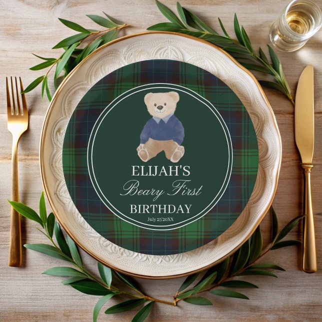 Beary first teddy bear green plaid birthday party paper plate (Beary first birthday teddy bear green plaid birthday printed party paper plates personalized decor)