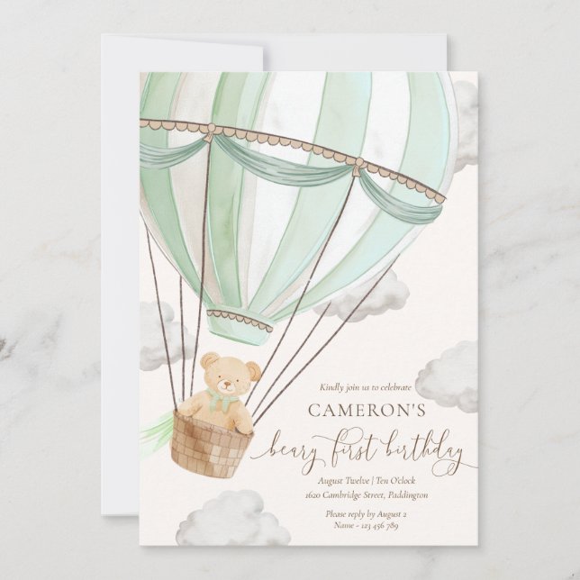 Beary First Teddy Bear Hot Air Balloon Birthday Invitation (Front)