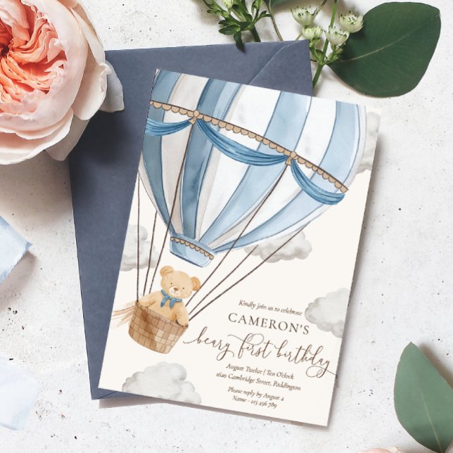 Beary First Teddy Bear Hot Air Balloon Birthday Invitation (Creator Uploaded)