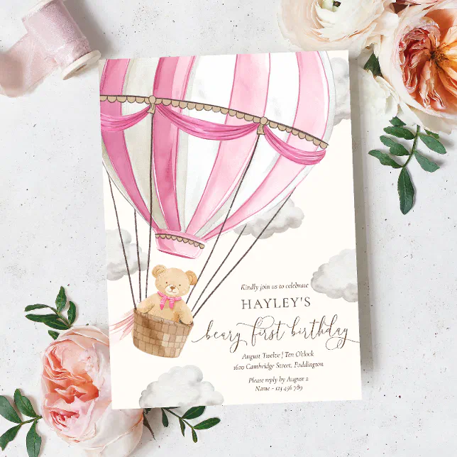 Beary First Teddy Bear Hot Air Balloon Birthday Invitation | Zazzle