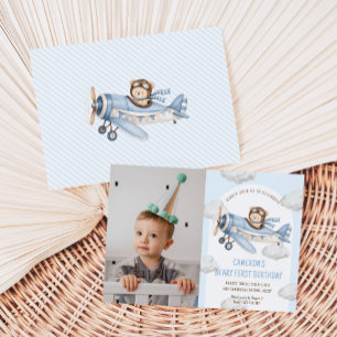 Beary First Teddy Bear Plane Photo Birthday Invitation