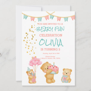 Beary fun birthday with cake, bears, pink, teal invitation