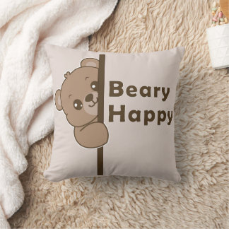 Beary Happy Cute Peeking Bear Doodle Kawaii Art Cushion