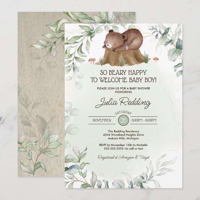 Beary Happy Woodland Forest Bear Boy Baby Shower Invitation (Front/Back)