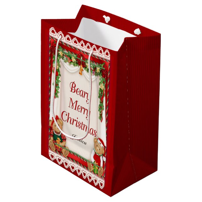 Beary Merry Christmas - Customise Name Medium Gift Bag (Front Angled)