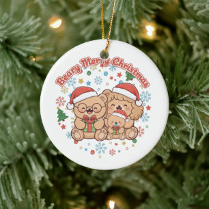 "Beary Merry Christmas" Cute Teddy Bear Family  Ceramic Ornament