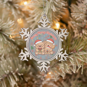 "Beary Merry Christmas" Cute Teddy Bear Family  Snowflake Pewter Christmas Ornament