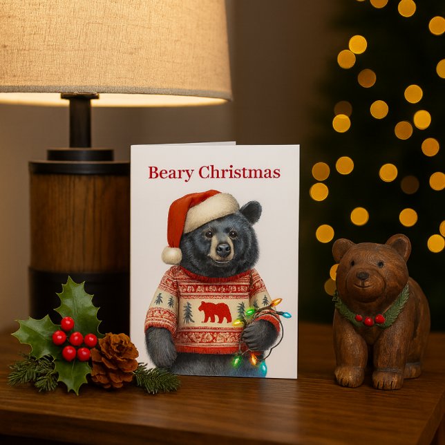 Beary Merry Christmas Holiday Card (Beary Christmas card with cute black bear in sweater, Santa hat, and lights kids holiday card design)