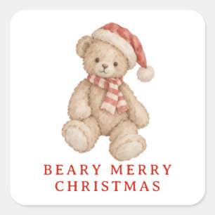 Beary Merry Christmas Watercolor Teddy Bear Square Sticker