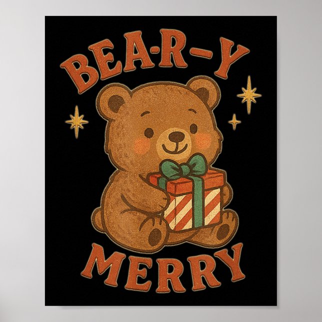 Beary Merry Cute Retro Christmas Bear Gift Box Vin Poster (Front)