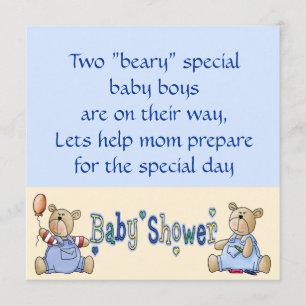 Beary Special Twin Boy Baby Shower Invites