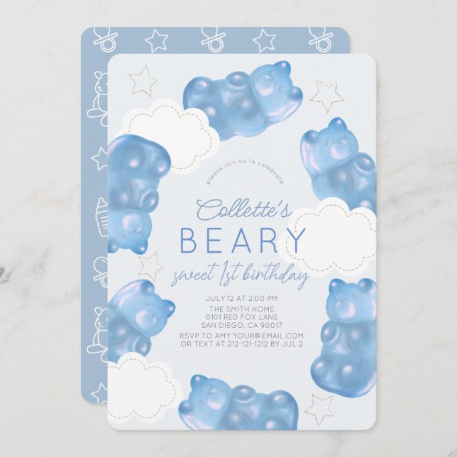 Beary Sweet Blue Gummy Bear Boy 1st Birthday Invitation (Front/Back)